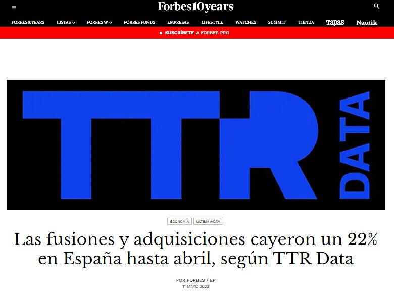Las fusiones y adquisiciones cayeron un 22% en Espaa hasta abril, segn TTR Data